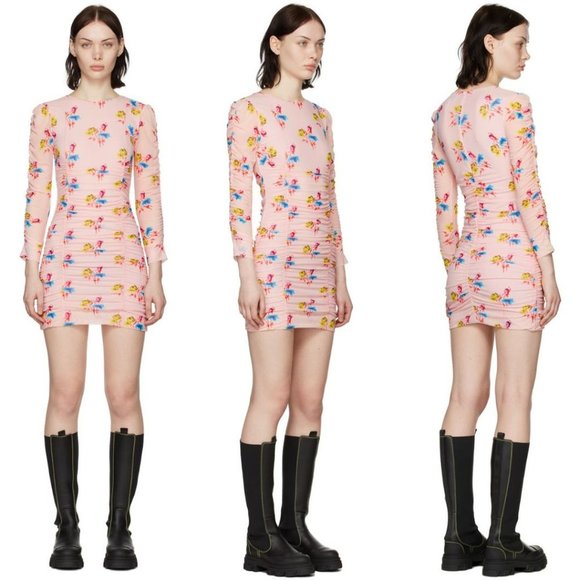 New GANNI Ruched Mesh Mini Dress in Light Lilac Size 18 - Picture 2 of 6